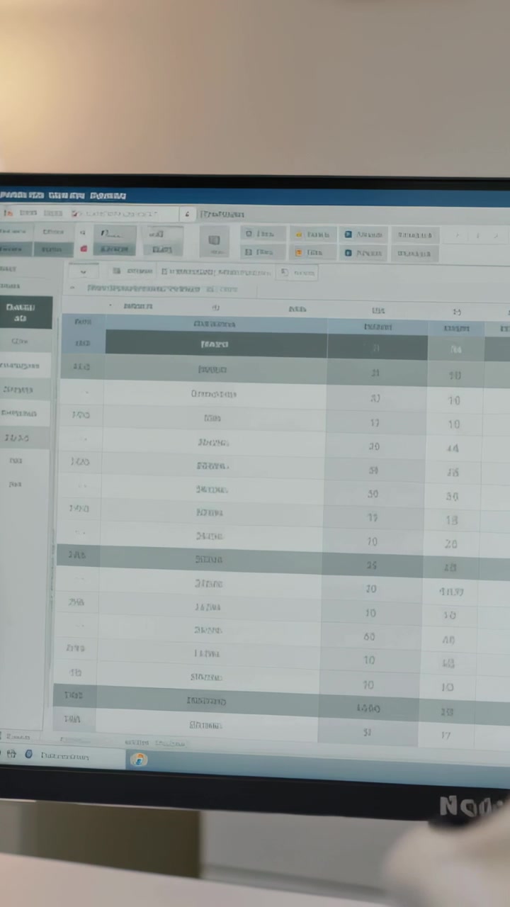 Vertical video: Pointing white-shirt hand entering right at desk monitor, marking rows for review