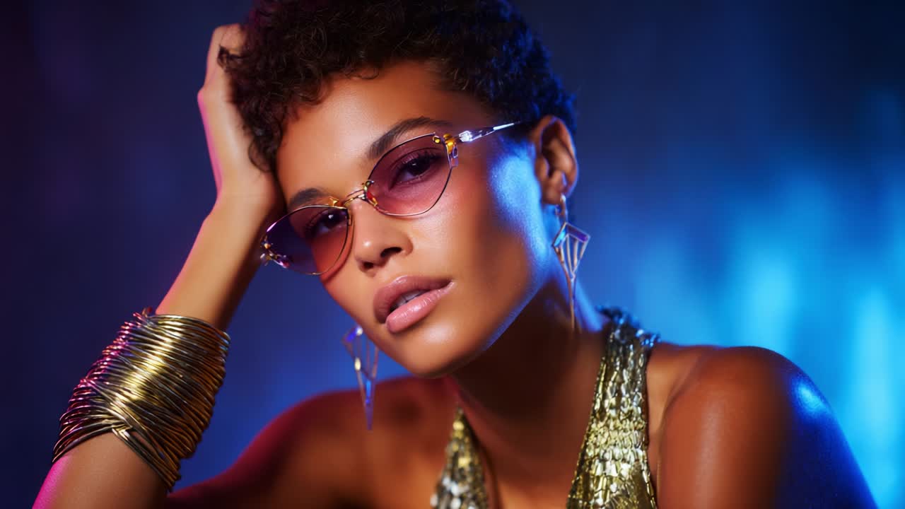 Splendido ritratto di una donna sicura di sé che indossa eleganti occhiali da sole, emanando fascino e raffinatezza su uno sfondo al neon accattivante che mette in risalto il suo senso della moda e la sua espressione unici