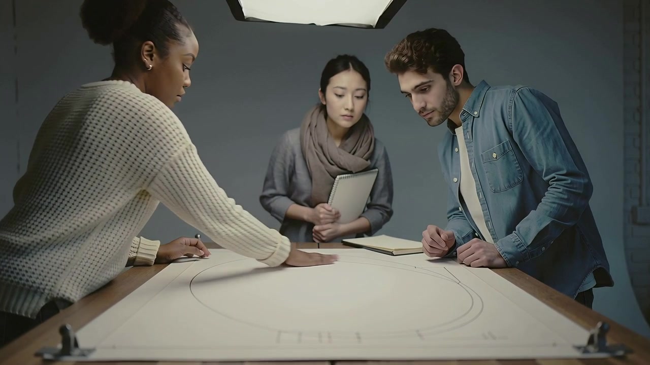 Placing hand on plan, left designer tracing arc in studio and peer marking notes, refining layout