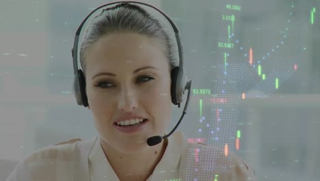 Animación-Del-Procesamiento-De-Datos-Sobre-Una-Mujer-De-Negocios-Usando-Auriculares-Telefónicos