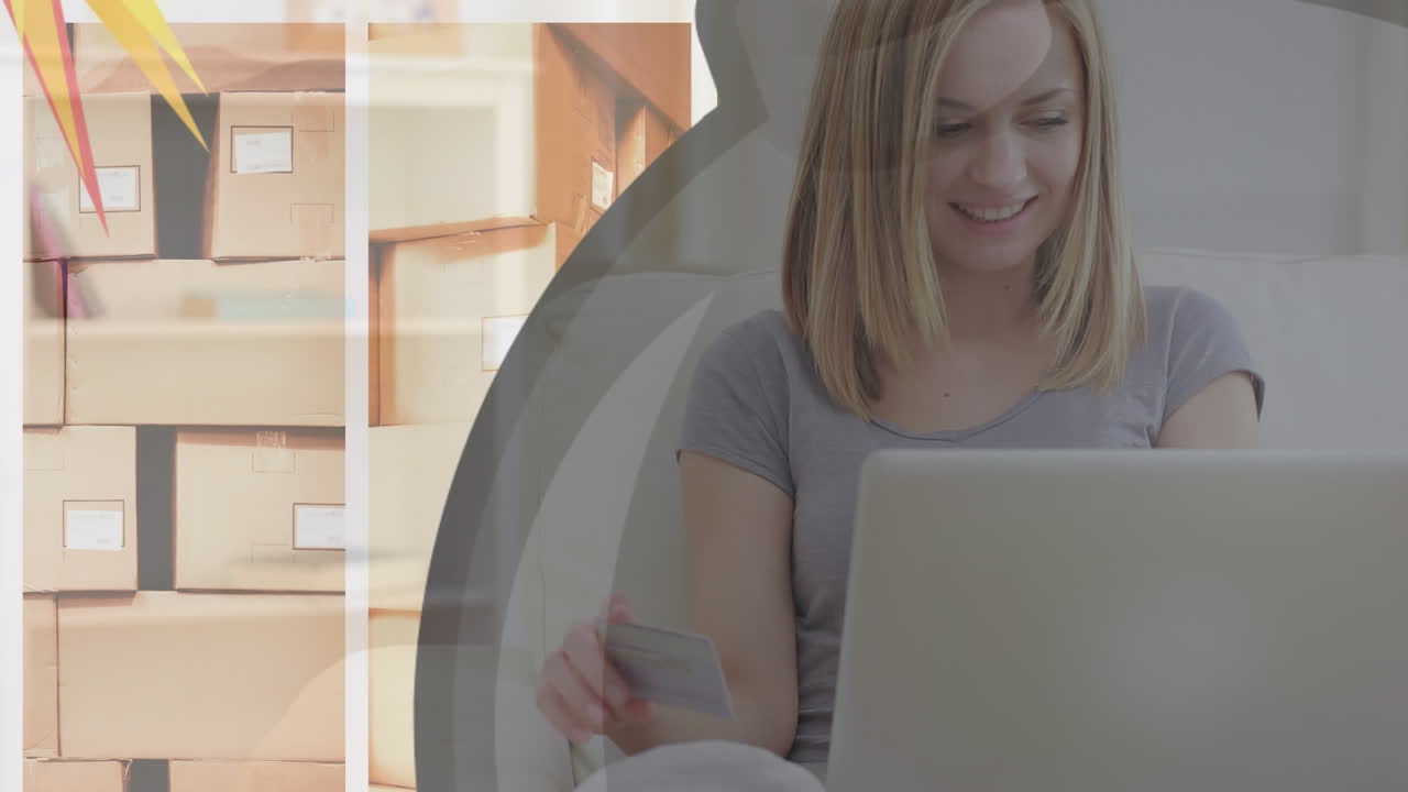 노트북을 사용하는 사업가 여성 위에 보라색 빛의 애니메이션 트레일