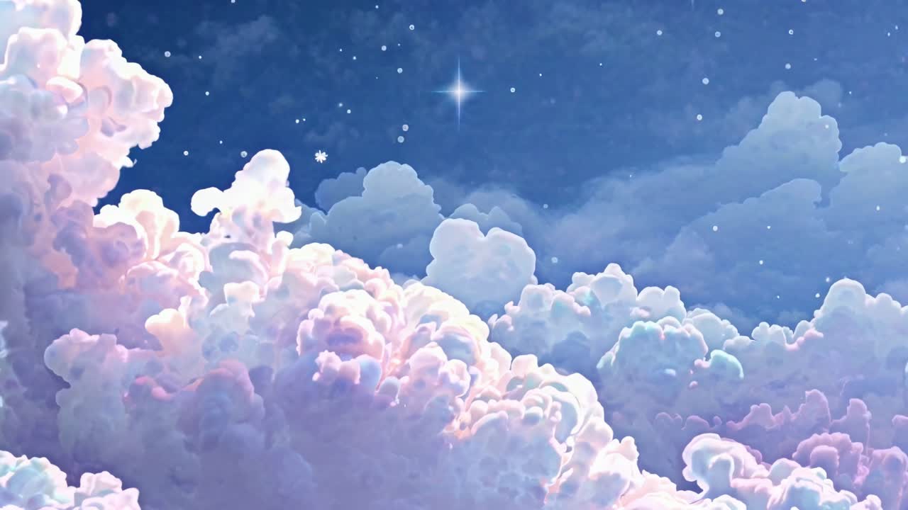 Dreamy clouds and starry sky in a whimsical, animated style. Captured from a low angle, perfect
