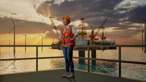 ingeniera en una plataforma de parques eólicos en alta mar al atardecer