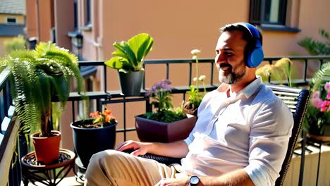 a man wearing headphones is sitting on a chair on a balcony