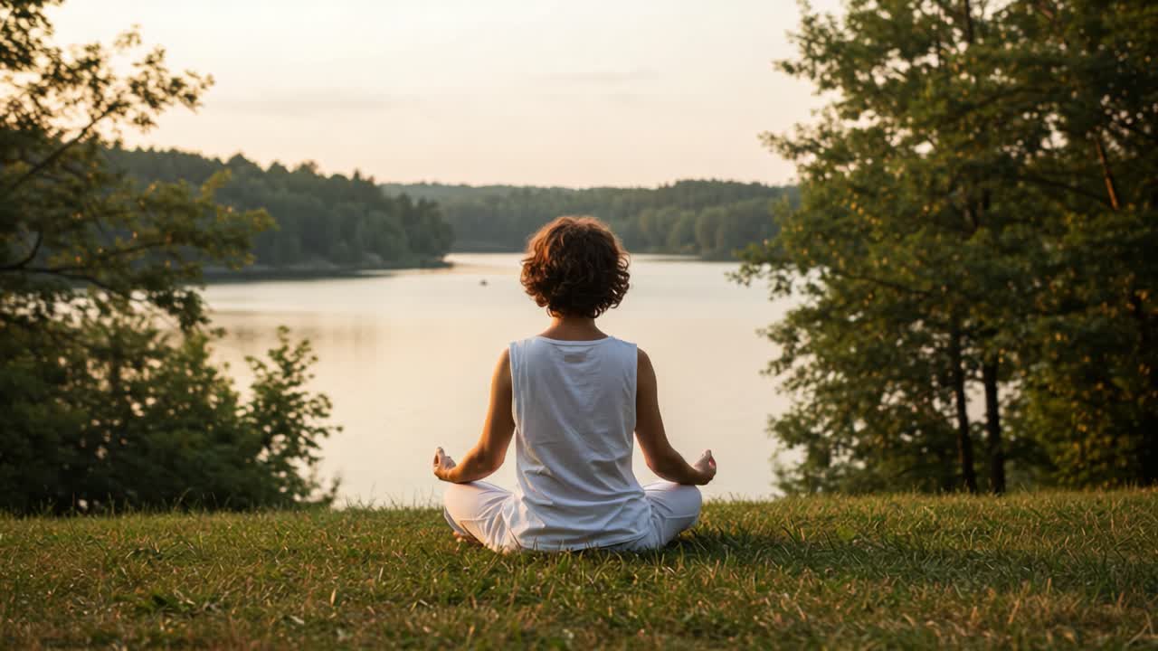 Serenity at Dusk: A Tranquil Moment of Meditation by the Lakeside as the Sun Sets, Embracing the Peaceful Surroundings and Nature's Beauty