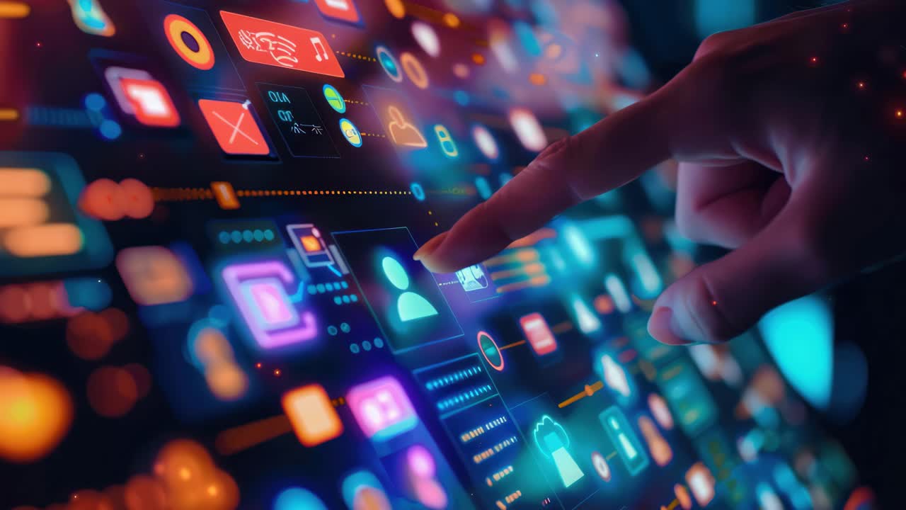 Close-up angle of a hand interacting with a digital touchscreen interface, showcasing vibrant icons