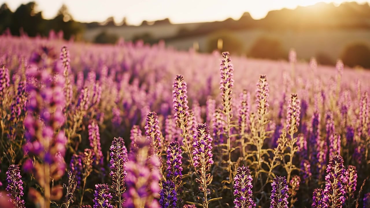 Campo di fiori viola in fiore all'ora d'oro del tramonto