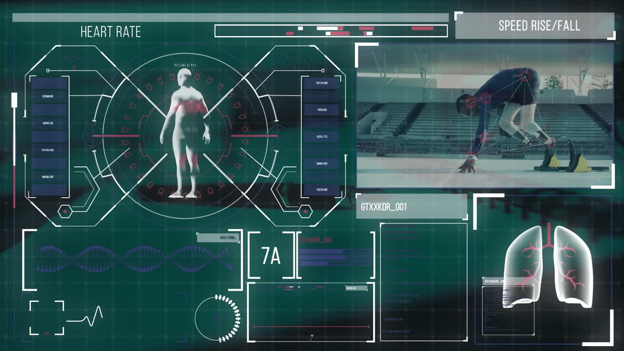 análisis de datos de rendimiento atlético, animación futurista sobre el atleta corriendo en la pista