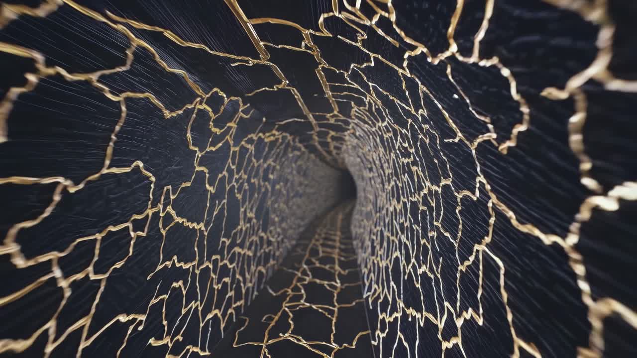Abstract motion sequence showcasing a dynamic tunnel with intricate golden cracks, illustrating depth and movement through a darkened space