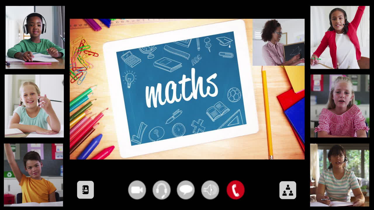 animación de la pantalla de interfaz con texto, matemáticas, profesor y seis niños diversos en la lección en línea