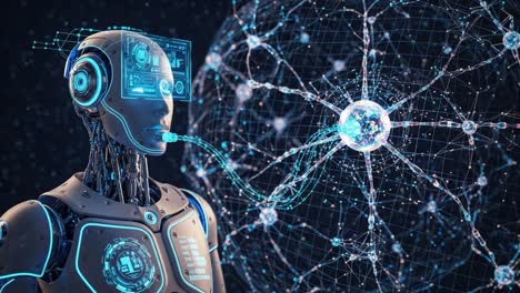 futuristic robot engaging with data: an advanced cybernetic being interacting with a dynamic neural network visualization, representing technology and intelligence evolution