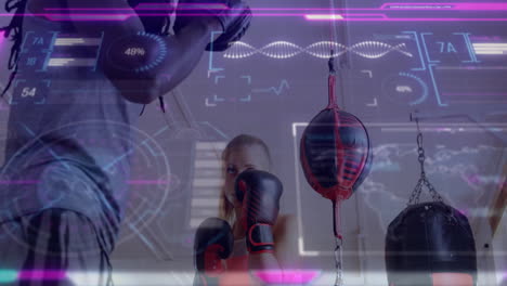 Female boxer practicing punches on speedbag in gym, with holographic HUD waveform and tech data