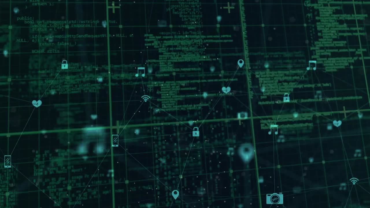 animación de la red de conexiones con iconos y procesamiento de datos sobre fondo negro