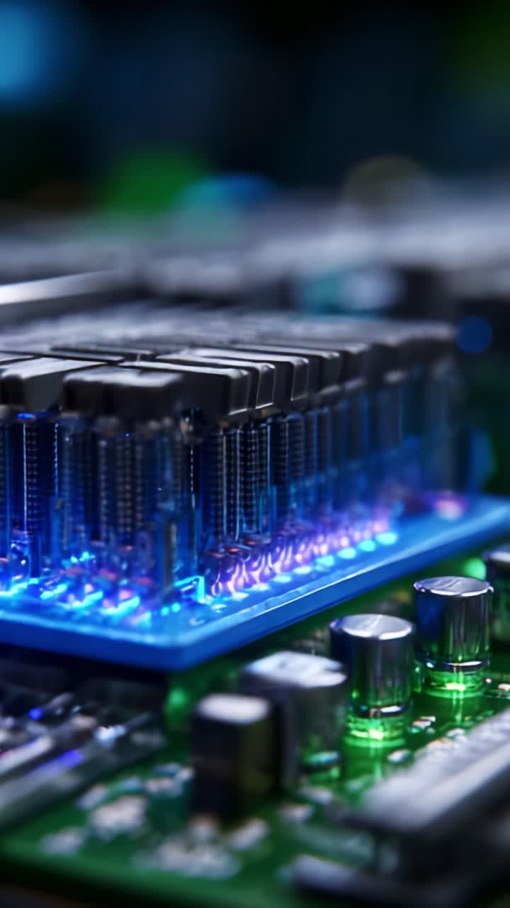 Close-up of a vibrant, illuminated circuit board with glowing RAM modules showcasing advanced technology and intricate electronic components in a modern setup