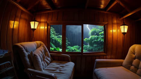 stormy night view from a cozy cabin