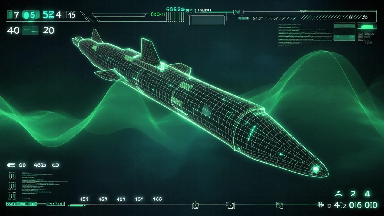 Modello digitale a wireframe di un missile su interfaccia HUD futuristica