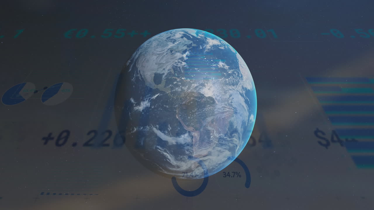 animación de múltiples gráficos, tablero de negociación y globo sobre cielo nublado en el fondo