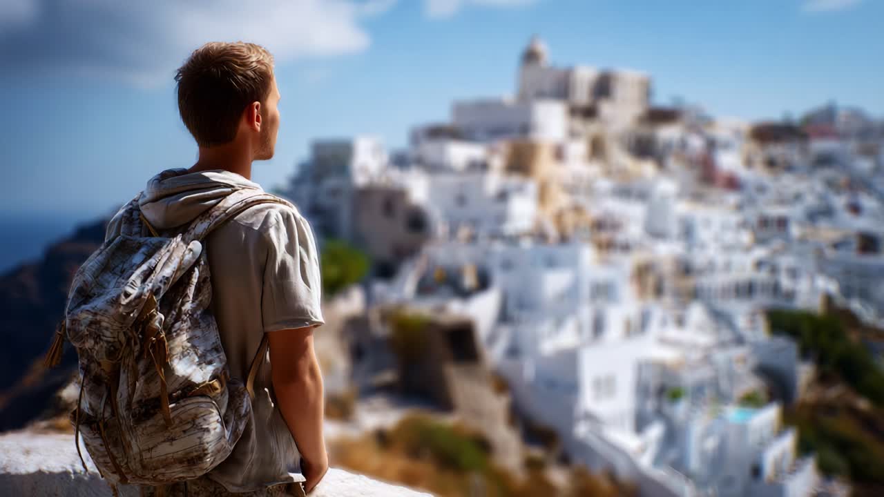 Un viaggiatore che ammira un bellissimo villaggio imbiancato a calce, catturando il fascino di destinazioni remote e lo spirito di avventura in paesaggi suggestivi