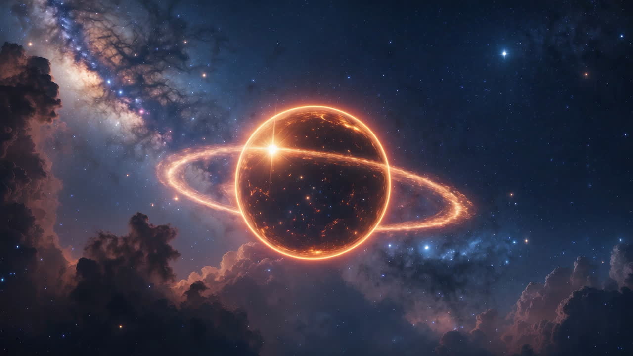A vibrant ringed planet glowing in a nebula-filled galaxy
