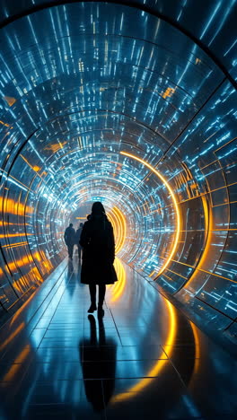 walking through a futuristic illuminated tunnel