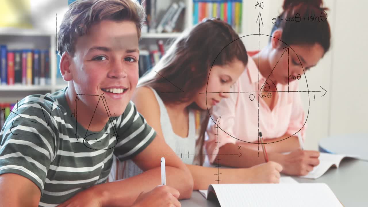 animación de fórmulas matemáticas sobre diversos alumnos que aprenden en la escuela
