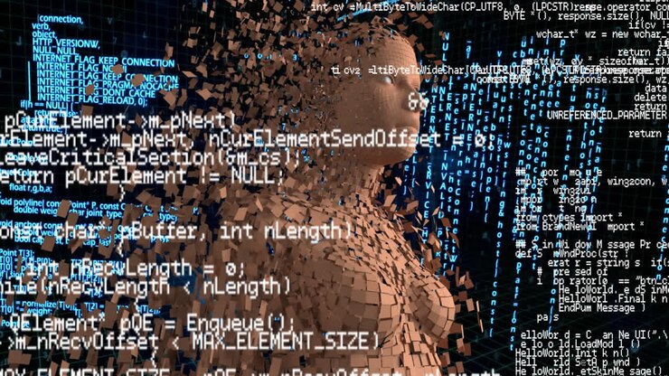 Digital animation of a woman with program codes