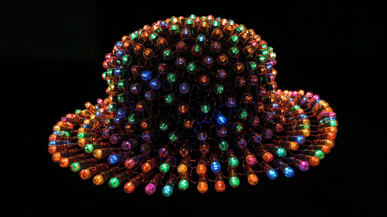 Zoom della telecamera che rivela un gruppo di LED a forma di cappello in uno studio buio, che mostra le file inferiori di lampadine