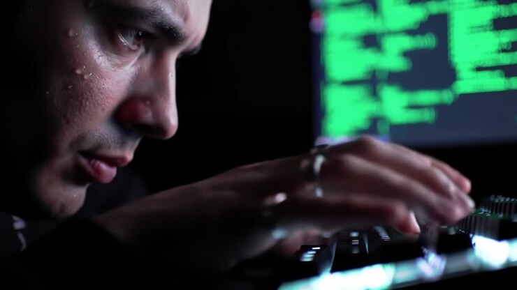 Intensa concentrazione di un programmatore: catturare l'essenza della programmazione sotto pressione in un ambiente scarsamente illuminato con schermi luminosi e il suono dei tasti della tastiera.