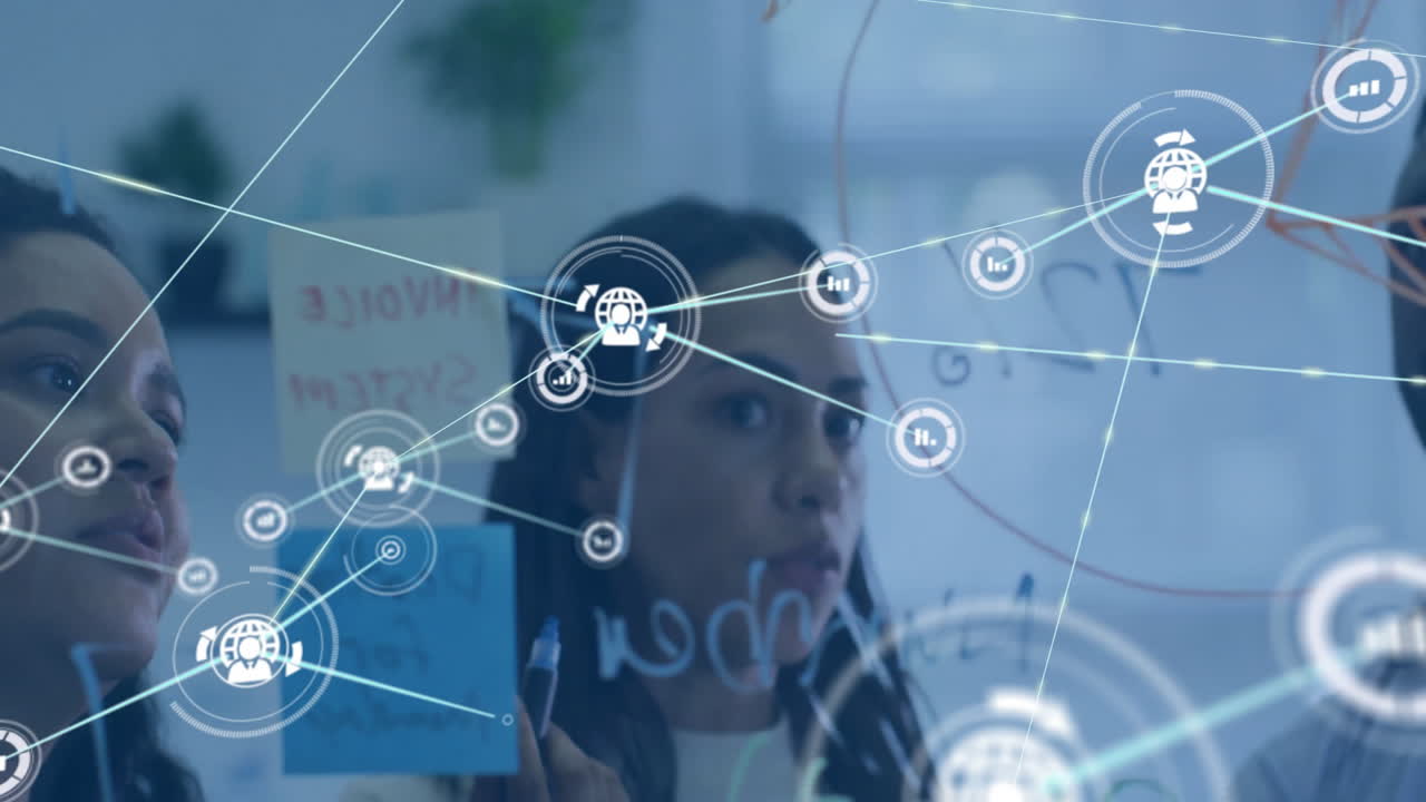 Brainstorming, diverse business people with network connections and data processing animation