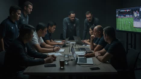 team analysis meeting: coaches and analysts collaborate over game footage in a dimly lit conference room setting