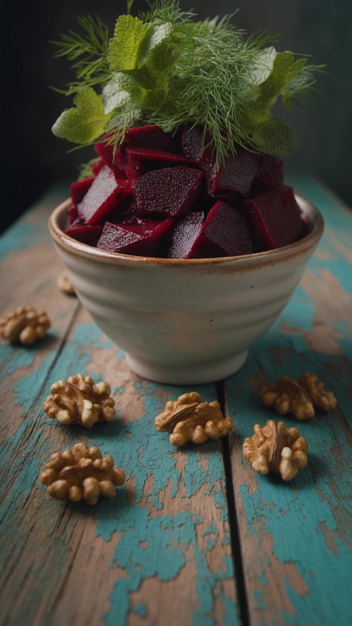 Bowl of Fresh Beetroot Salad with Walnuts and Herbs