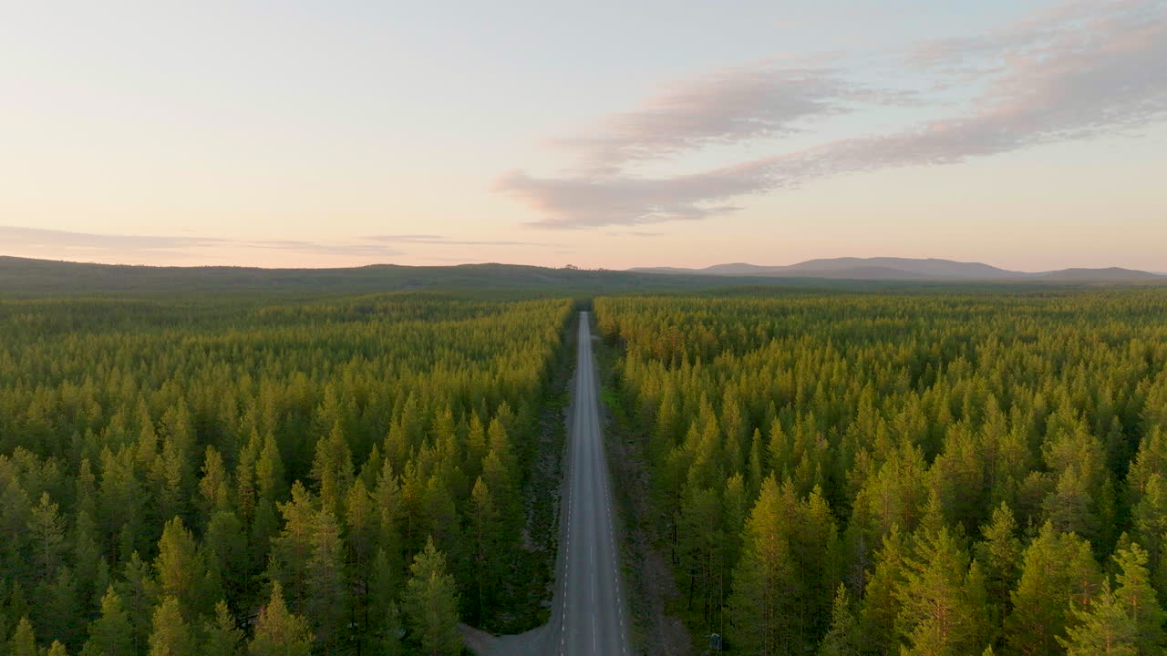 Endless Road Amidst Spruce Forestland During Sunset In Lapland, Northern Sweden