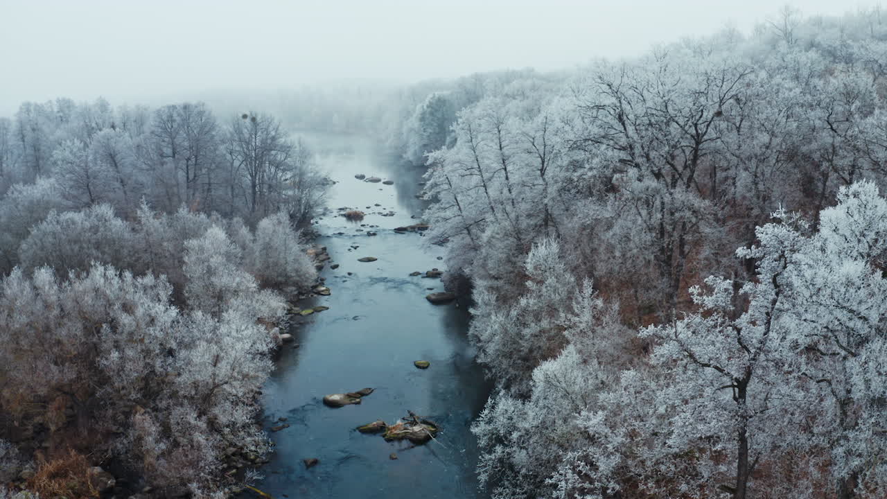Paesaggio invernale suggestivo. Vista aerea di una foresta coperta di neve attorno a un bellissimo fiume.