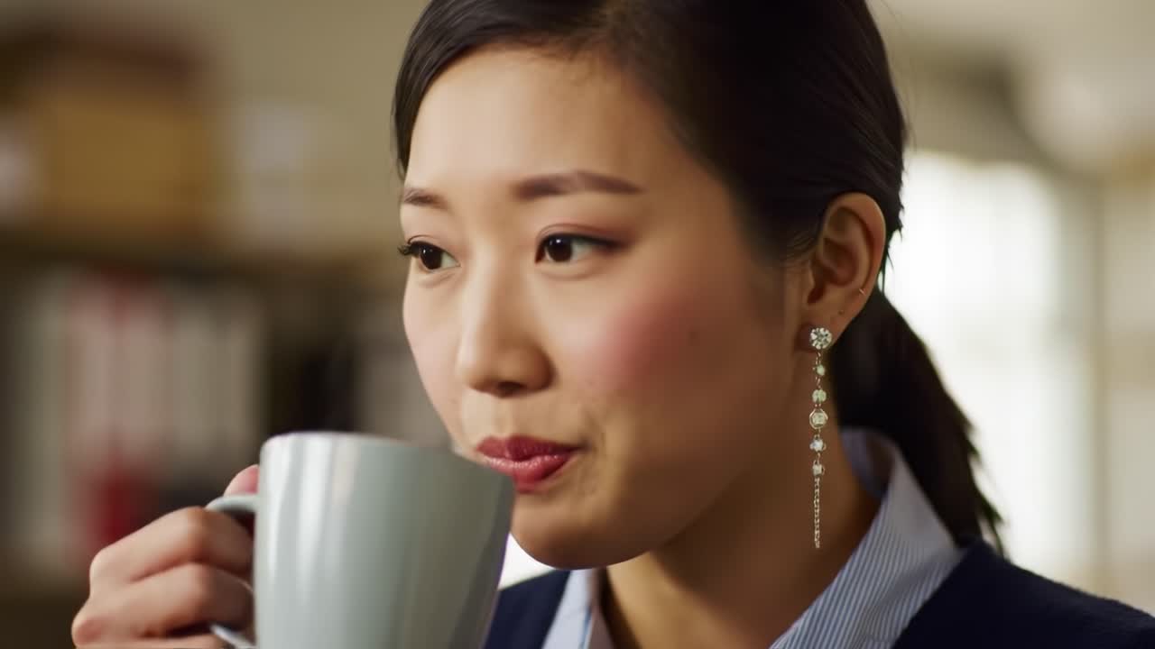 A young woman with elegant earrings listens intently as she participates in a discussion at a bustling office. The atmosphere is professional and focused, showcasing teamwork.