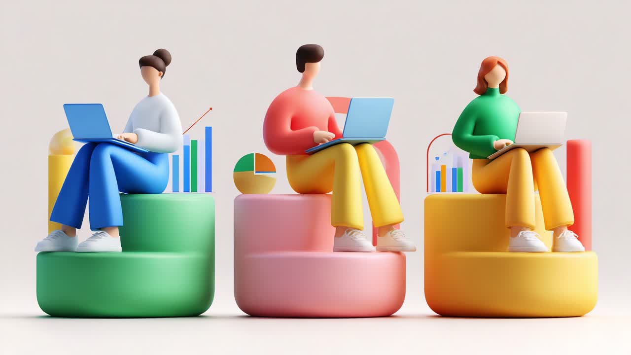Three stylized figures engaged in productive work, focused on laptops, surrounded by colorful graphs representing data analysis, teamwork, and modern digital collaboration in a vibrant workspace