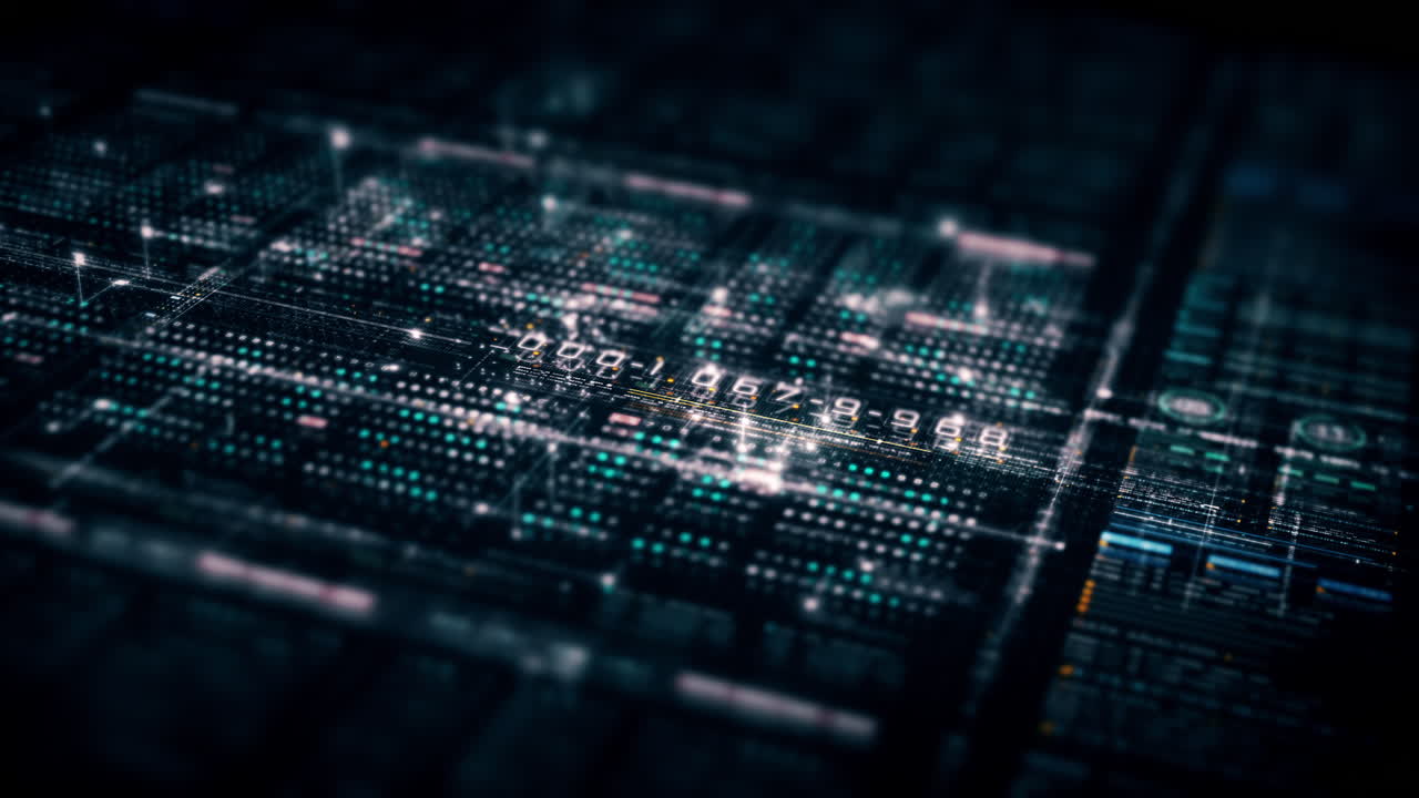 Futuristic abstract de-focus flowing data matrix, meta, metaverse, telemetry and encrypt numbers display with particles simulation in cyber space environment for head up display background-26