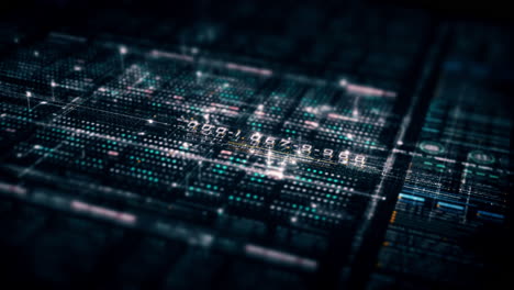 futuristic abstract de-focus flowing data matrix, meta, metaverse, telemetry and encrypt numbers display with particles simulation in cyber space environment for head up display background-26