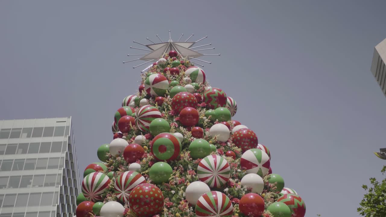 Closeup of a big decoration Christmas tree in the city of Sydney during a sunny day with blue sky.