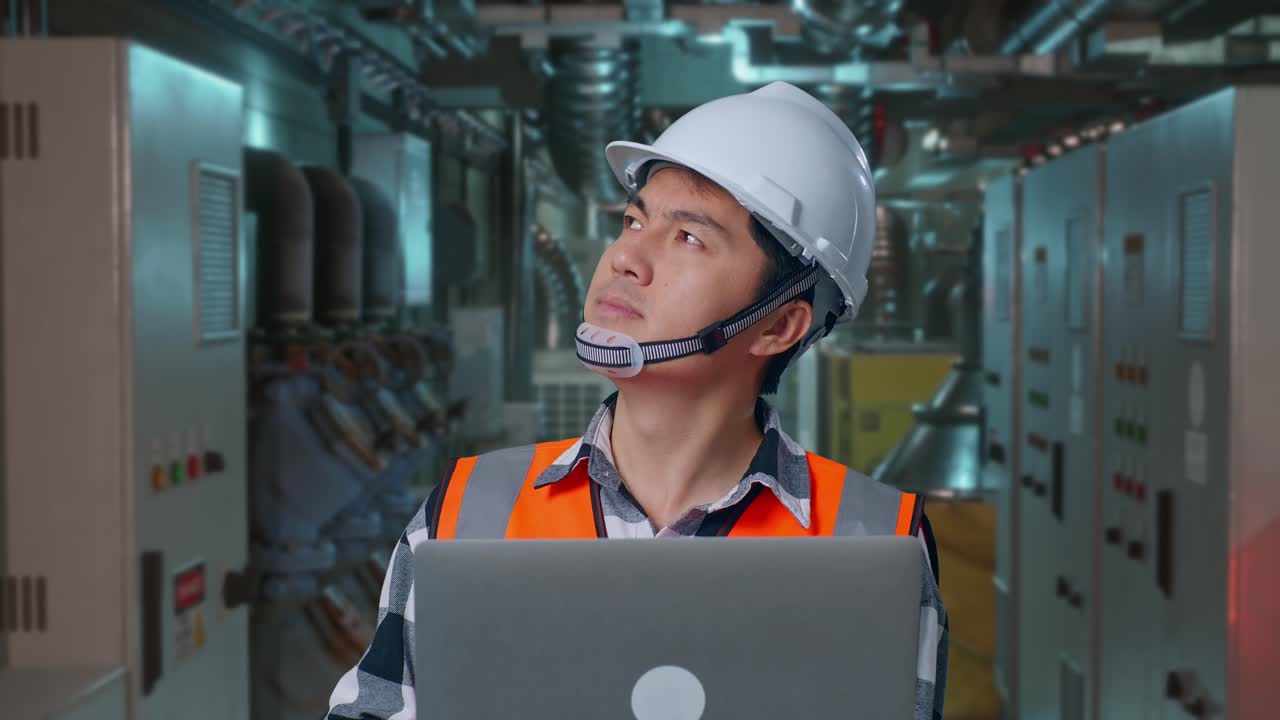 Close Up Of Asian Male Engineer With Safety Helmet Working On A Laptop And Looking Around While Standing In Engine Control Room, Work Of Electrical Generators