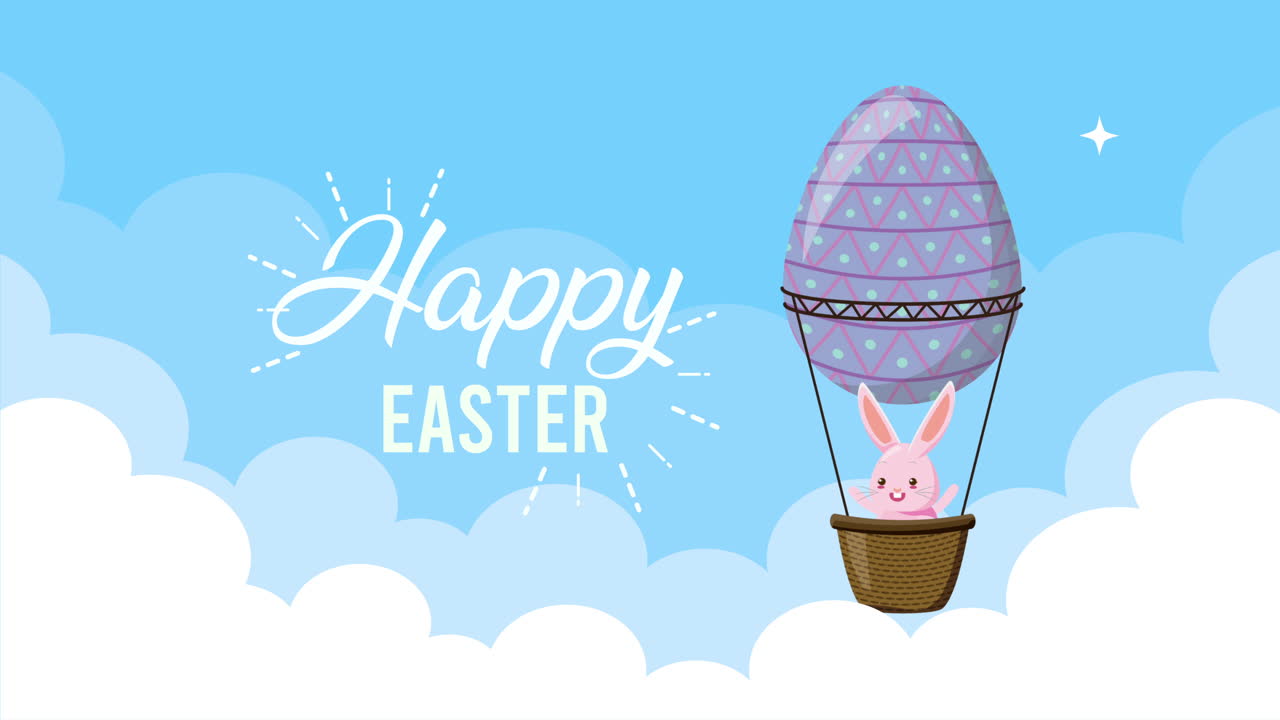 felicità pasqua carta animata con coniglio in uovo dipinto palloncino aria calda