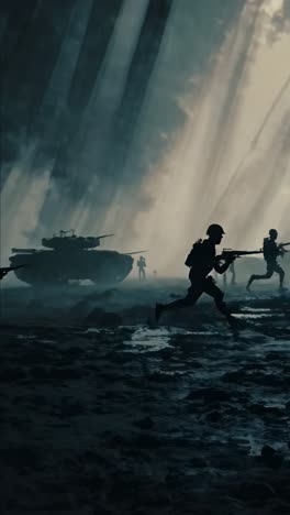 volumetric light casting dramatic shadows across muddy battlefield, revealing silhouetted soldiers advancing with tanks amid intense military conflict and atmospheric lighting effects