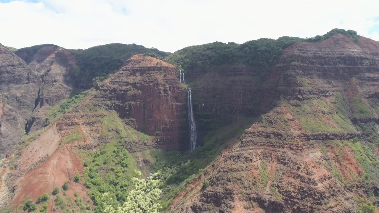Canyon double waterfall drone shot birds flying