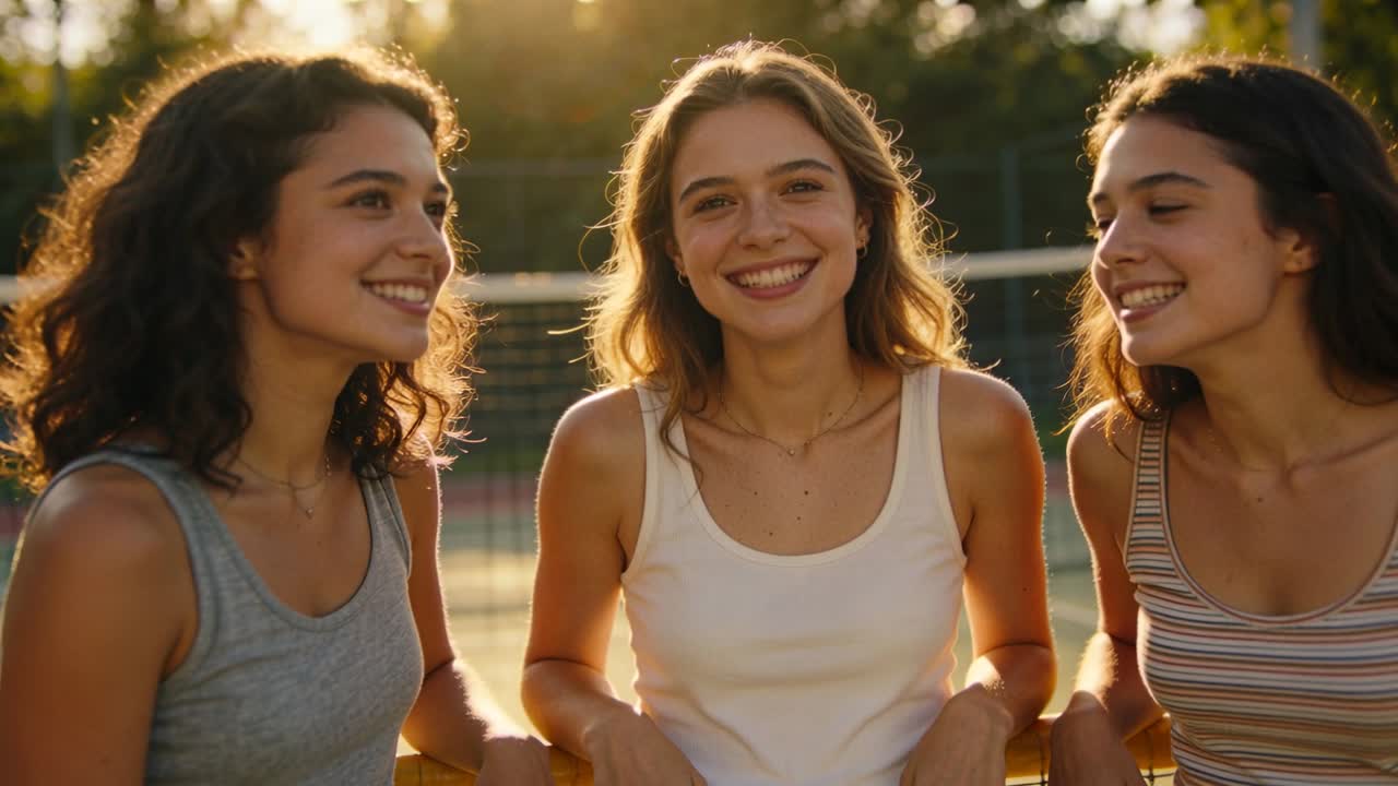 Riendo tras echar un vistazo, tres adolescentes con camisetas de tirantes apoyadas en una barandilla de la cancha, con una red y un collar.