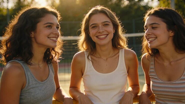 Tre ragazze adolescenti in canottiere ridono dopo essersi guardate, appoggiate a una ringhiera in campo, con la rete e una collana in vista.