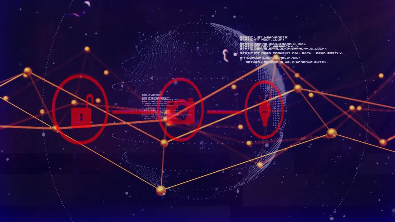 Focusing dotted globe nodes forming network security icons and code scrolling visualizing security