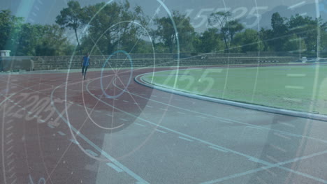 runner on track with speedometer animation over athletic field background