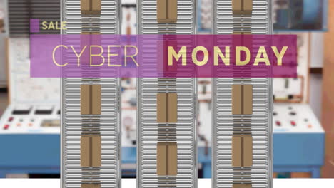 animación del texto de cyber monday sobre cajas de cartón en cintas transportadoras en el almacén
