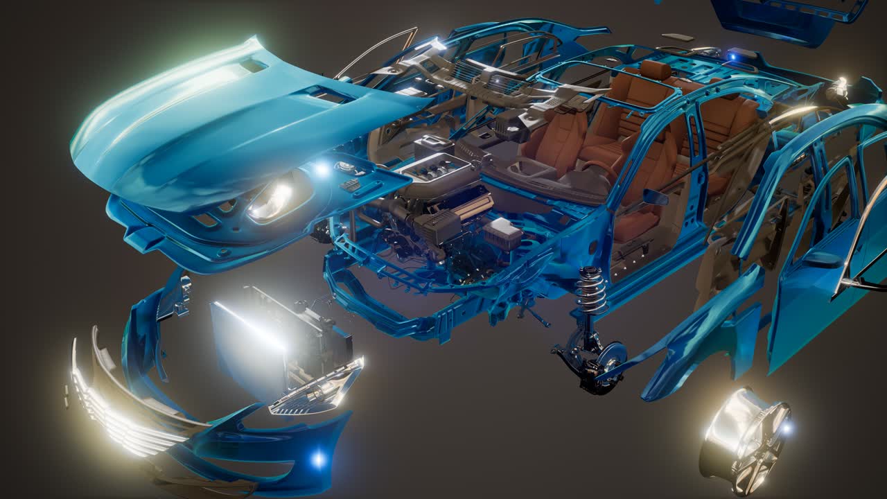 눈에 띄는 부분이 있는 분해된 자동차