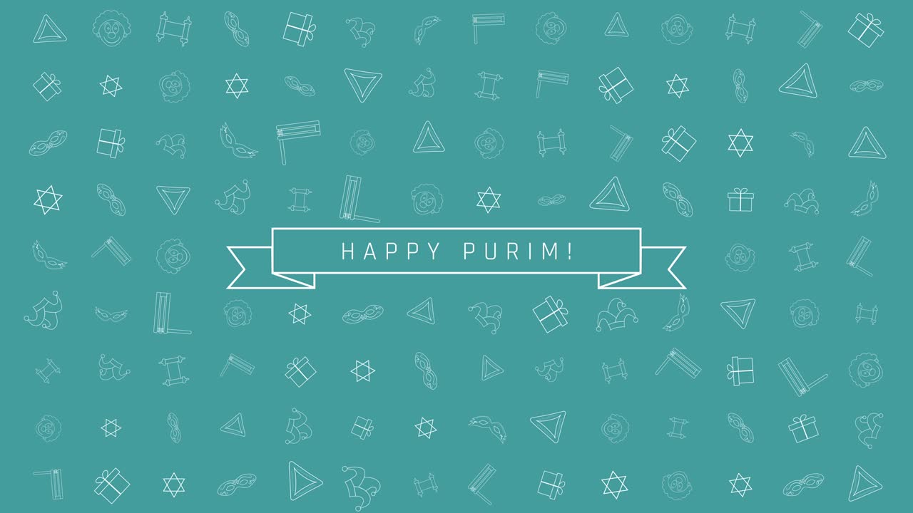 푸림 휴일 평평한 디자인 애니메이션 배경과 전통적인 윤 아이콘 기호 및 영어 텍스트