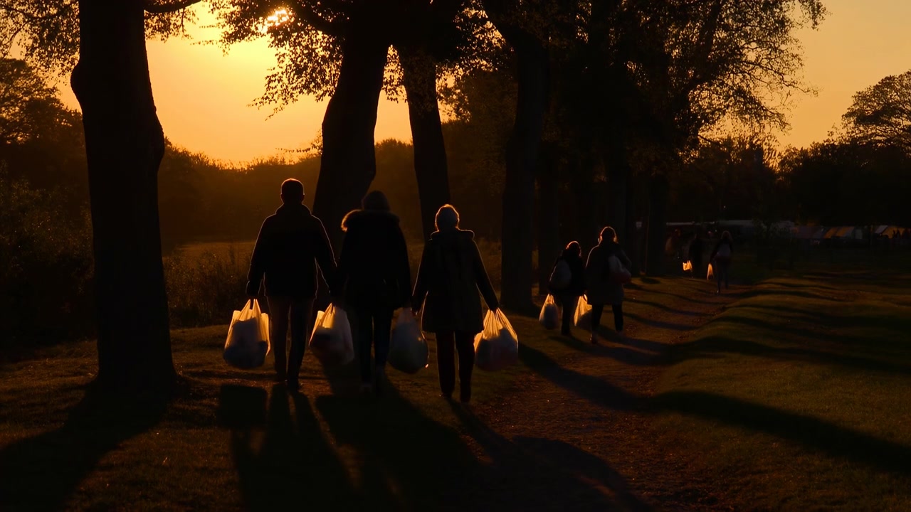 Several people move away along a grassy path beneath tall trees while carrying bags, with low evening sunlight creating silhouettes, warm highlights, and long shadows across the ground.